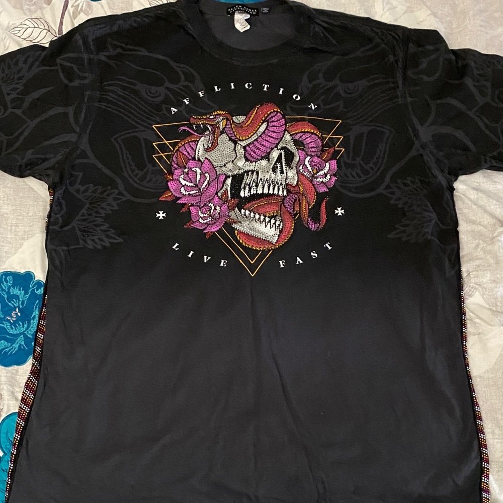 Affliction Black and Pink Graphic Tee